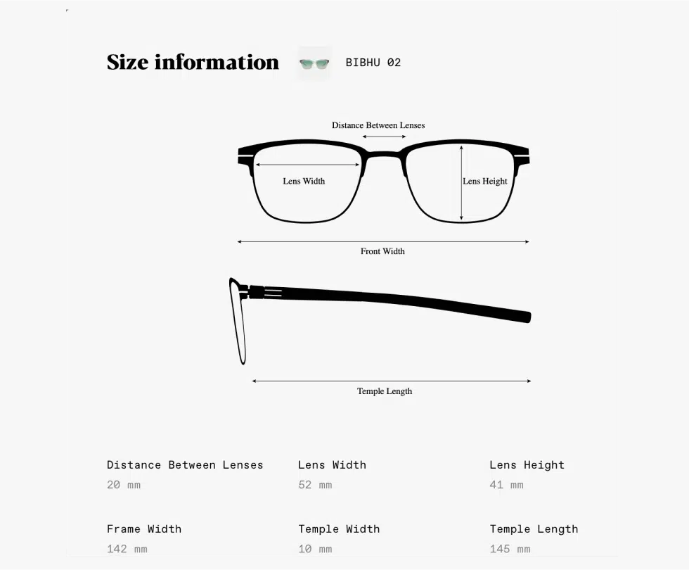 Size information for ic! berlin eyewear